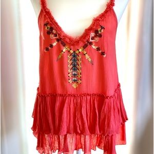 Free People Gauze Embroidered Top. Two layer bottom ruffles. Size large